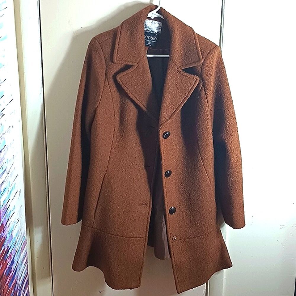 Kensie Women's Notch Lapel Peplum Wool Blend Teddy Coat-Cinnamon size Large